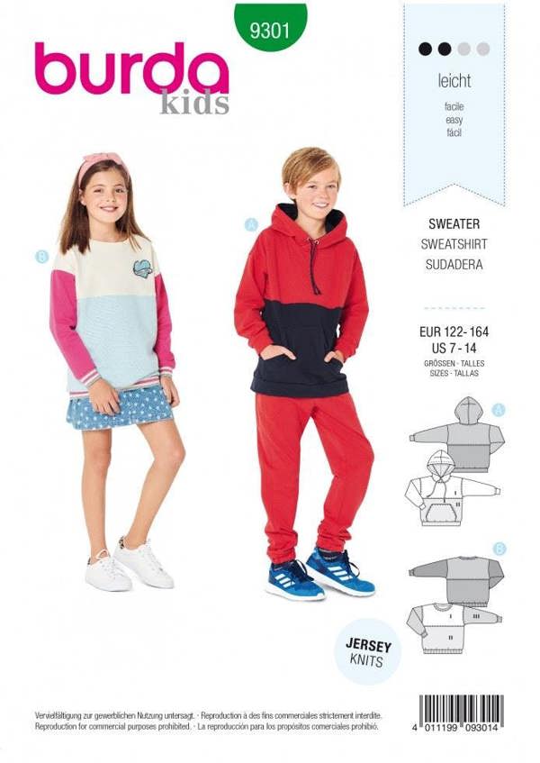 Burda Sewing Pattern 9301 Hoodies and Tops For Kids and Teenagers, 122cm-164cm - Easy