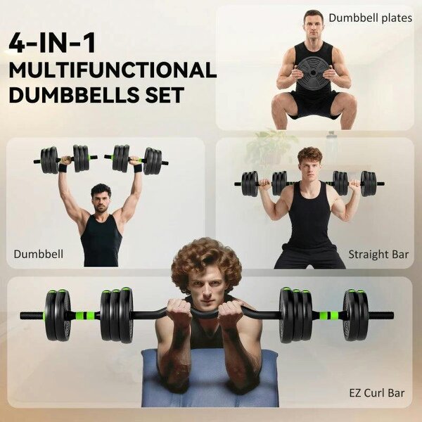 20 kg 3-in-1 Adjustable Dumbbell & Barbell Set with EZ Bar, Connecting Rod and Non-Slip Grip for Home Gym, Green