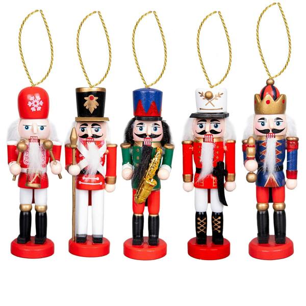 13cm Wooden Nutcracker Christmas Ornament Set of 5, Hand-Painted Wood Decorative Figures image 2