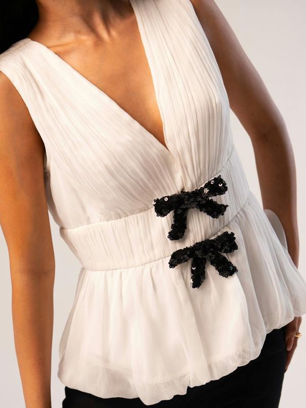 Rose & Nancy Anais Cream Sleeveless Embellished Bow Top&nbsp;