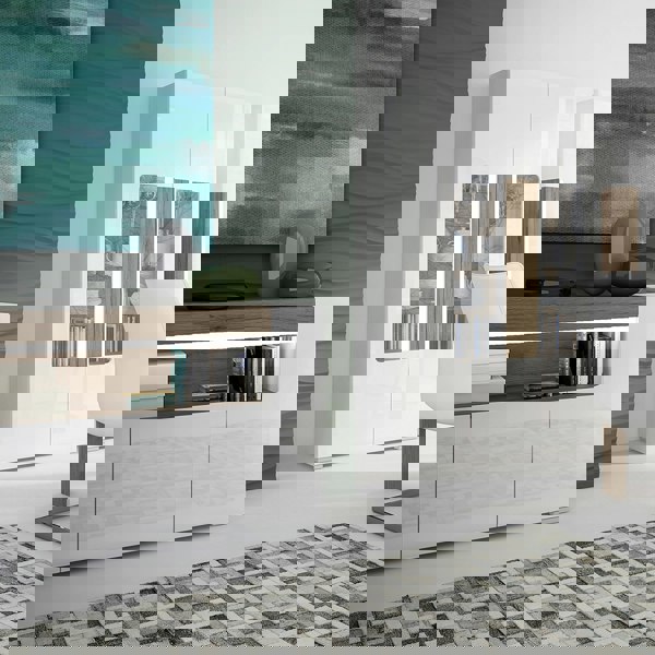 Furniture To Go Toronto 3 Door Sideboard with open shelving (inc. Plexi Lighting) In White and Oak