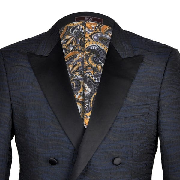 David WeJ Alfredo Cropped Double Breasted Jacquard Wave Print Tuxedo - Navy Blue