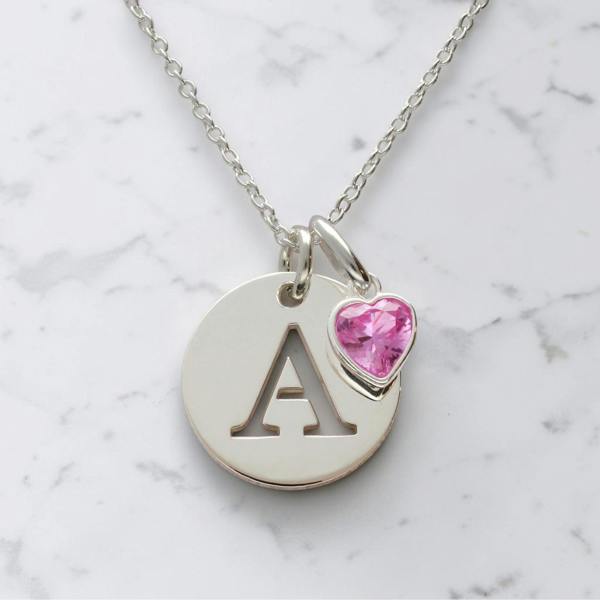 Christopher James of London Sterling Silver Initial Disc & Heart Birthstone Necklace