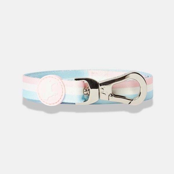 Candyfloss Stripe Nylon Fabric Dog Lead. Silver Buckle & Pastel Pink Barc London Rubber Logo.