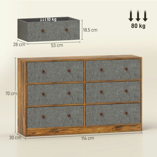 HOMCOM Chest of Drawers, Wide Dresser with 6 Grey Fabric Drawers & Steel Frame for Bedroom, Living Room, Hallway - Rustic Brown