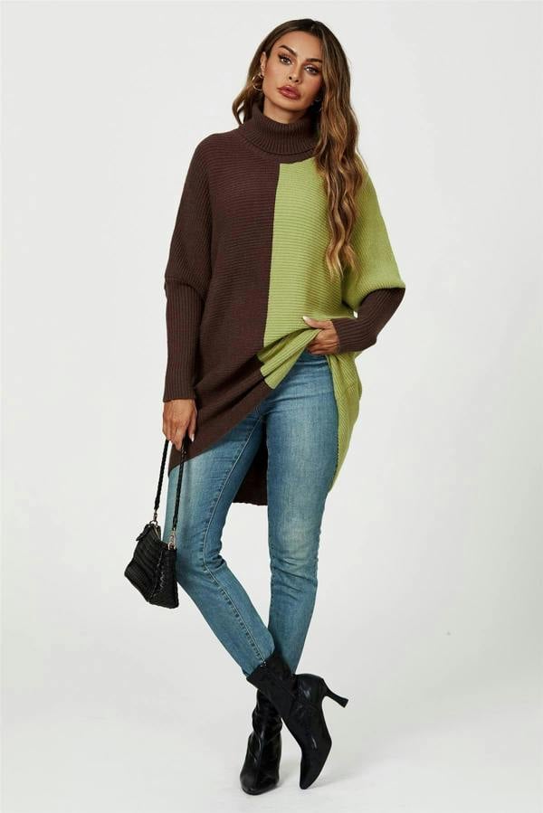 FS Collection High Neck Half Brown & Green Block Colour Jumper Top
