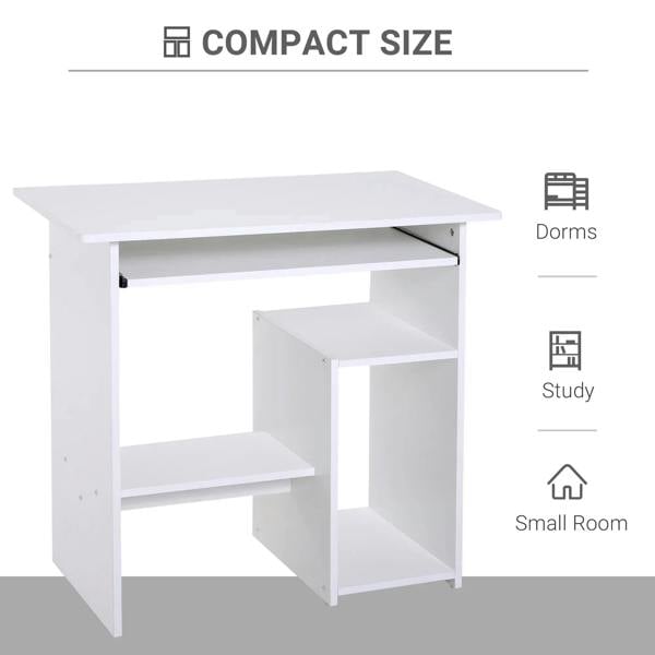 White compact computer desk with storage shelves and sliding keyboard tray
