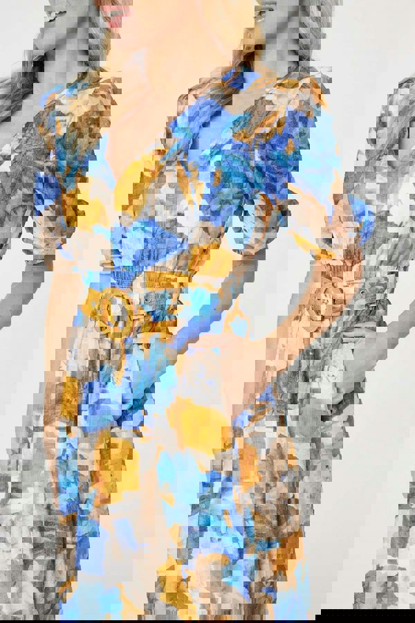 Blue | Printed 1/2 Sleeve Belted Midi Dress