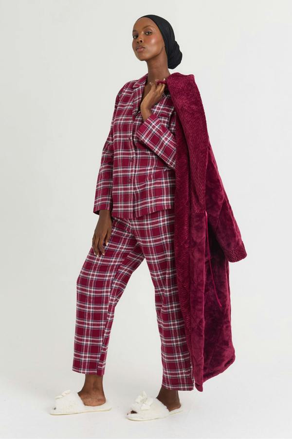 Plaid Long Pyjama Set in Bordeaux - Pajamas