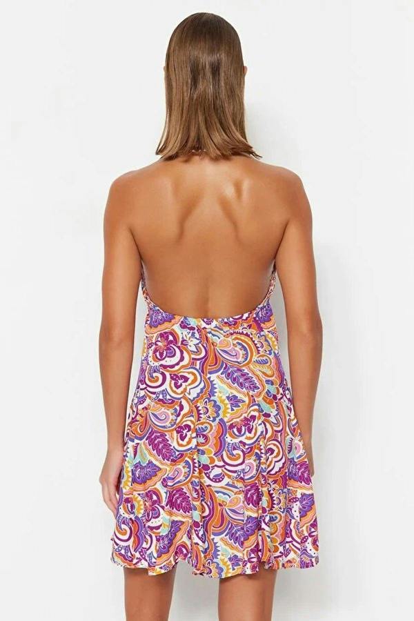 WOVCOR Abstract Print Woven Backless Beach Mini Dress