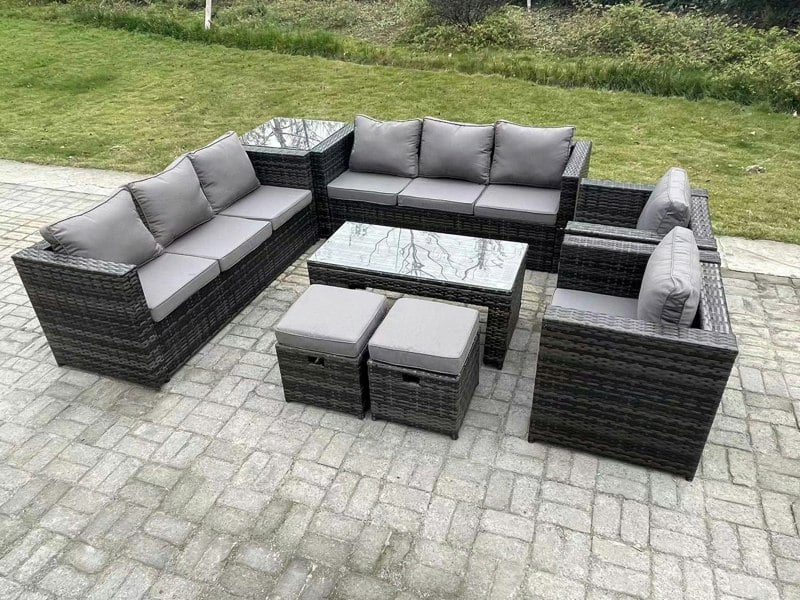 Fimous Outdoor Rattan Garden Furniture Lounge Sofa Set With Oblong Rectagular Coffee Table 2 PC Arm Chair Side Coffee Table 2 Stools