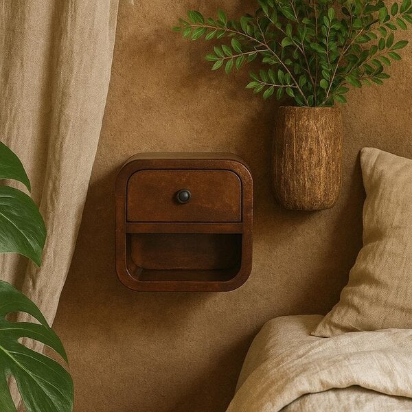 Wyld Haus Cagliari Small Mini Curved Chestnut Bedside Table with Open Slot