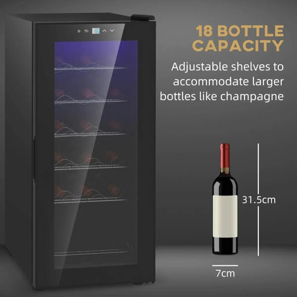 Black wine fridge with tall glass door and multiple adjustable bottle racks