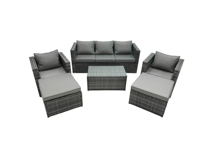 Fimous Rattan Garden Furniture Dining Set 7 seater Patio Coffee Table Sofa Set with 2 Armchair 2 Big Footstools Dark Grey Mixed