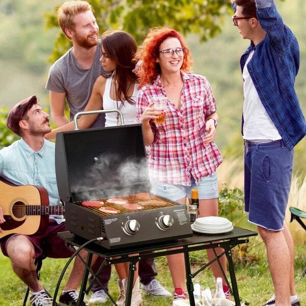 Bobobiy 2 Burner Gas BBQ Grill, 5.8 kW Outdoor Portable Folding Tabletop Barbecue w/ Lid, Thermometer, Carbon Steel, Black