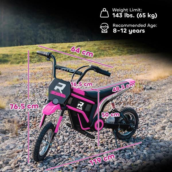 Pink and black kids electric motorbike with front light, handlebars, and knobby tires