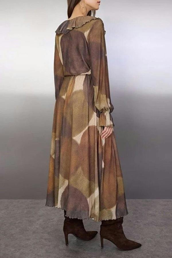 WOVCOR Printed Ruffle Detail Maxi Stretch Knit Dress