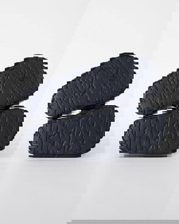 soles of Emporio Armani Mens PVC Pool Slides with Eagle Logo in Blue and Whisper White