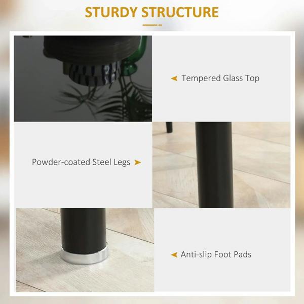 Black steel legs with tempered glass top and anti-slip foot pads