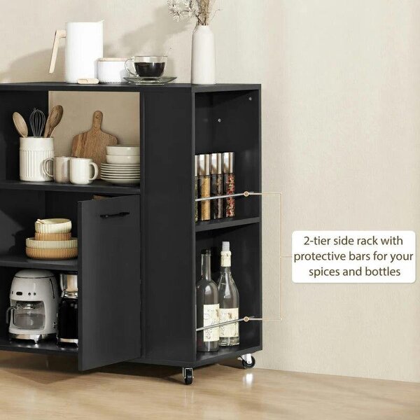 Kitchen Trolley on Wheels, Rolling Kitchen Island Cart with 2-Door Cabinet, Spice Rack and Adjustable Shelf, Black