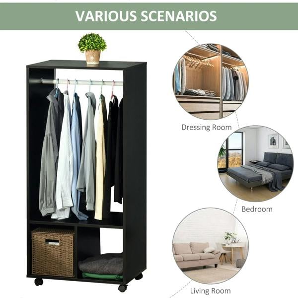 Black mobile garment rack with hanging rail and storage shelves shown in room scenes