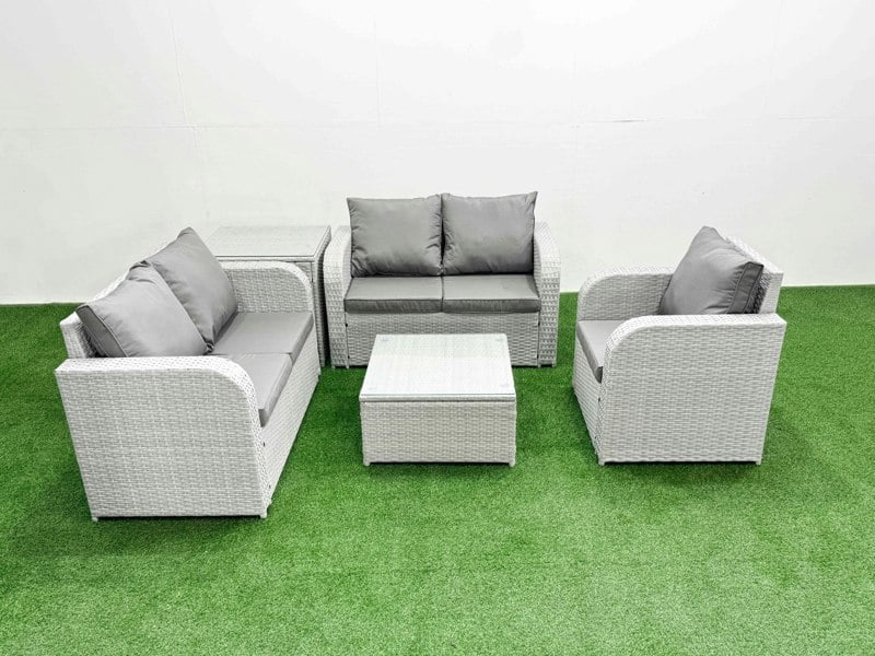 Fimous High Back Rattan Garden Furniture Set with Reclining Chair Loveseat Sofa Square Coffee Table Indoor Outdoor Patio  Set Side Table Light Grey