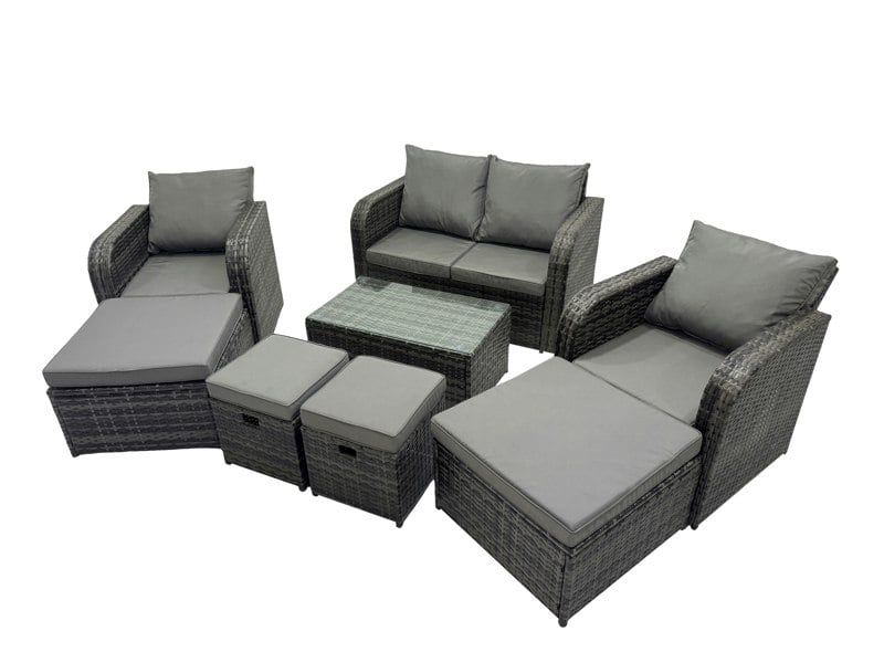 Fimous Outdoor Love Sofa Reclining Chair Coffee Table Set Garden Rattan Furniture Set 8 Seater with 4 Stools Dark Grey