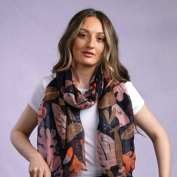 Antonia York Leaf Scarf | Hannah Soft Gauzy Wrap with Sequin Detail Orange Navy Blue Pink Brown