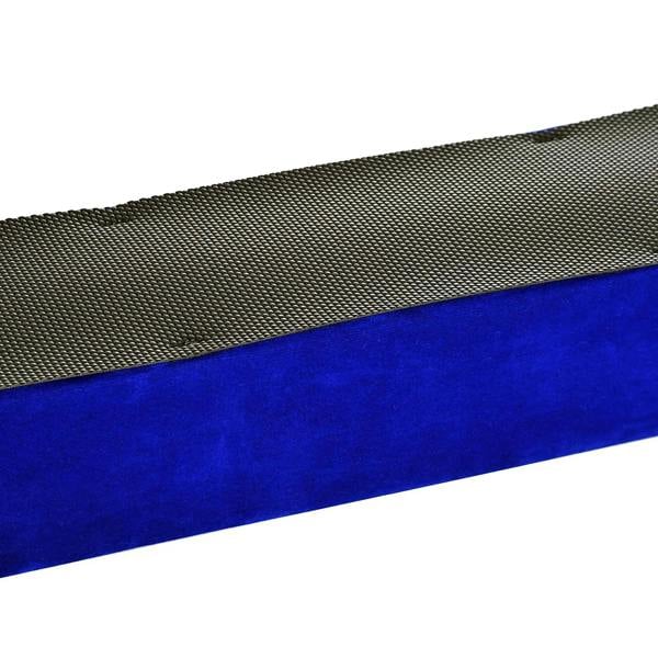 Blue balance beam close-up with textured non-slip top and edge seam