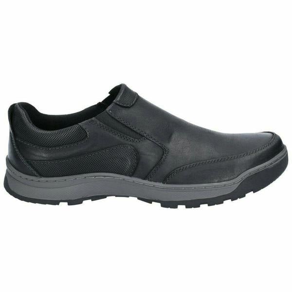 Hush Puppies Jasper Mens Casual Slip On Smart Leather Shoes, black slip-on shoes with cushioned collar and durable sole.