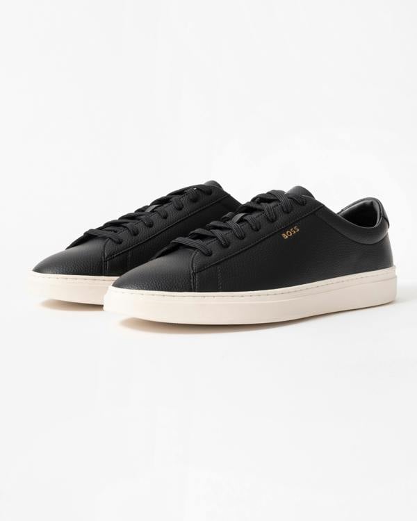 studio shot of BOSS Orange Kieran Mens Grained-leather trainers with white rubber sole in Black 008