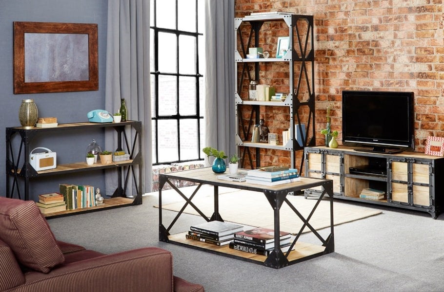 IH Design Durin Vintage Up-Cycled Industrial Coffee Table with Shelf Metal and Wood