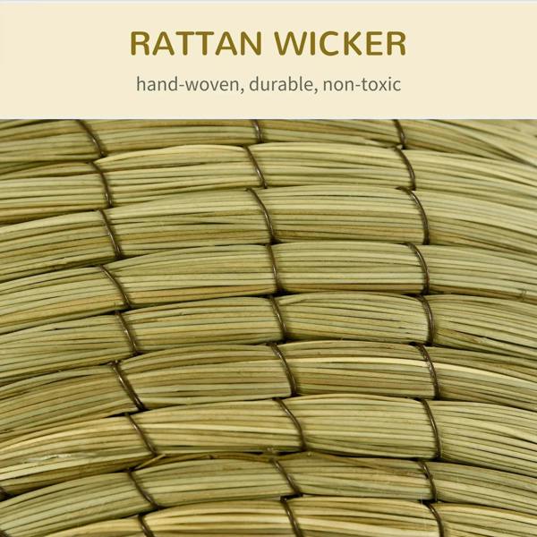 Close-up of hand-woven natural yellow rattan wicker texture for cat bed