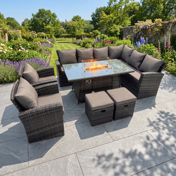 Fimous Outdoor Furniture Garden Dining Set Rattan Corner Sofa Chair Set Gas Fire Pit Table with Temper Glass 2 Small Footstools Dark Grey Mixed