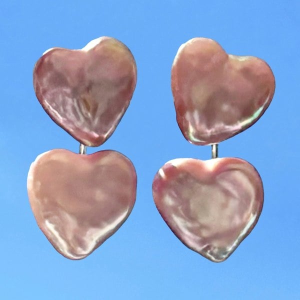Heart-shaped pearl ear jacket earrings by LENAE London, handcrafted jewellery.