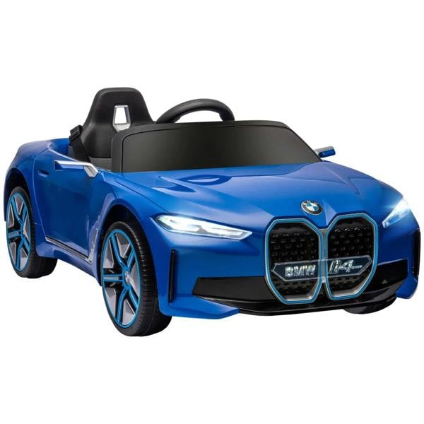 Blue kids electric ride-on car with BMW-style grille and LED-style headlights, front view.