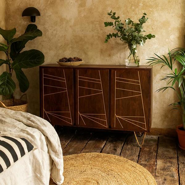 Wyld Haus Bandung Dark Mango Wood and Gold Large Sideboard 3 Doors