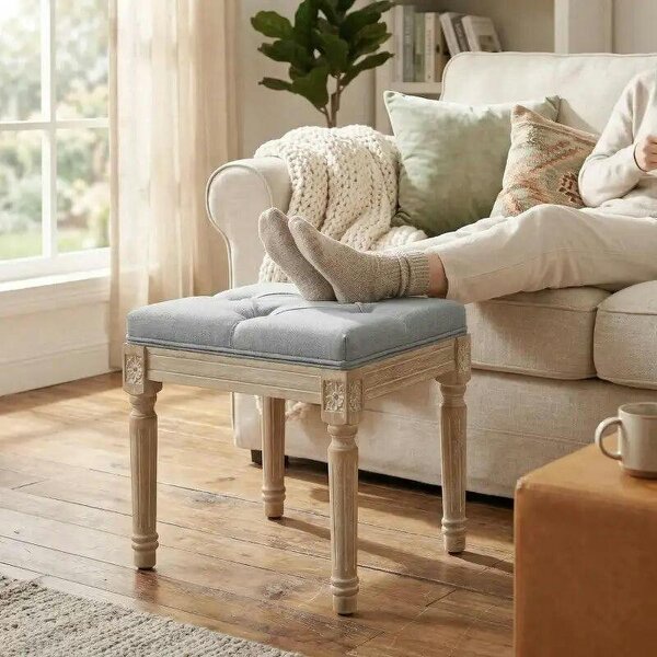 Vintage Foot Stool, Tufted Square Footrest with Wood Legs, Light Grey - Light Grey