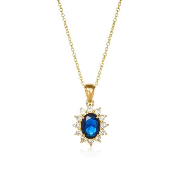 namana Gold Plated Sterling Silver Blue Cubic Zirconia Oval Halo Pendant Necklace