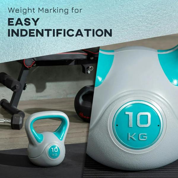 Grey and light blue 10 kg kettlebell with handle and round 10 kg weight marking.
