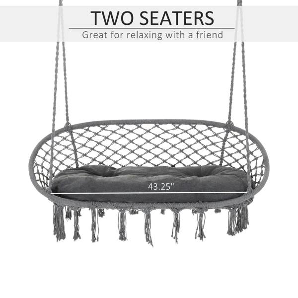Round dark grey macrame hammock swing with grey cushion and hanging rope straps, long fringe