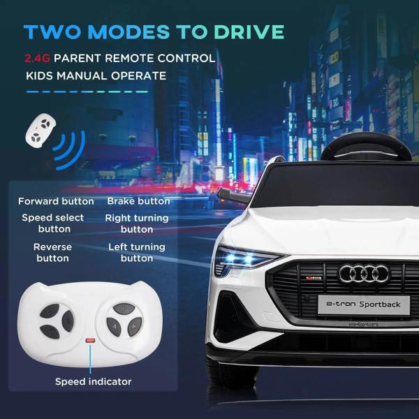 White kids electric ride-on car with parent remote controller and LED headlights on