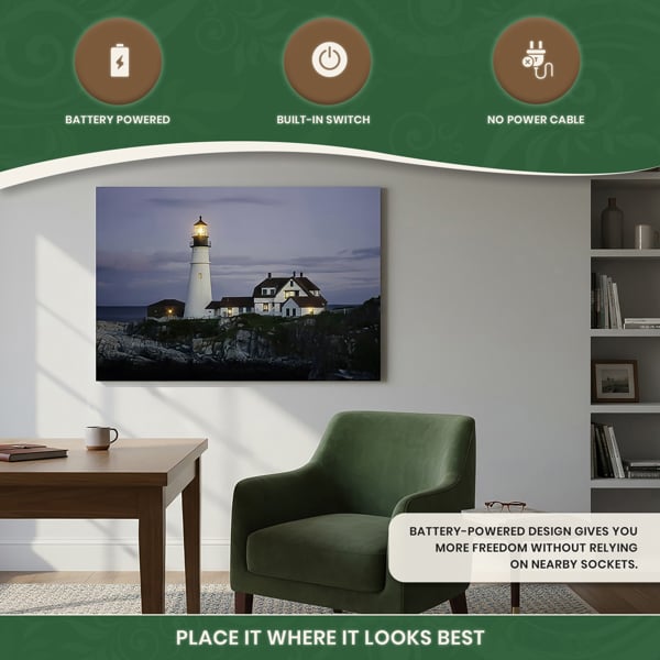 Large Lighthouse Scene Canvas Picture Print with 6 LED Lights, Wooden Frame Wall Art with Side Switch, 60cm x 40cm