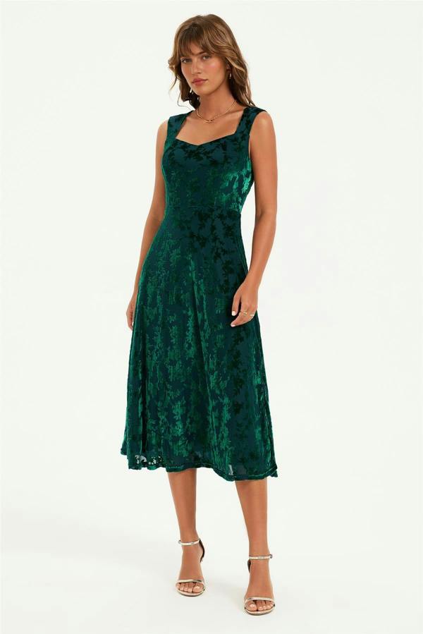 FS Collection Floral Velvet Devore Sweetheart Neck Midi Dress In Green