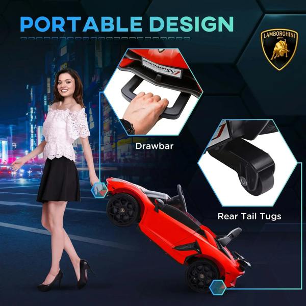 Red kids electric car with drawbar handle and black wheels for easy transport.