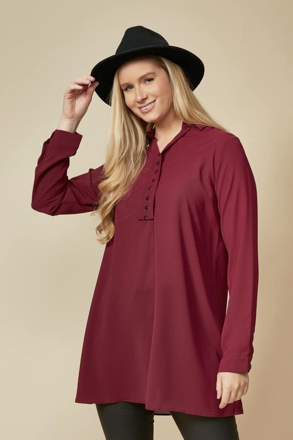 Hoxton Gal Tunic Shirt with Button Details in Burgundy