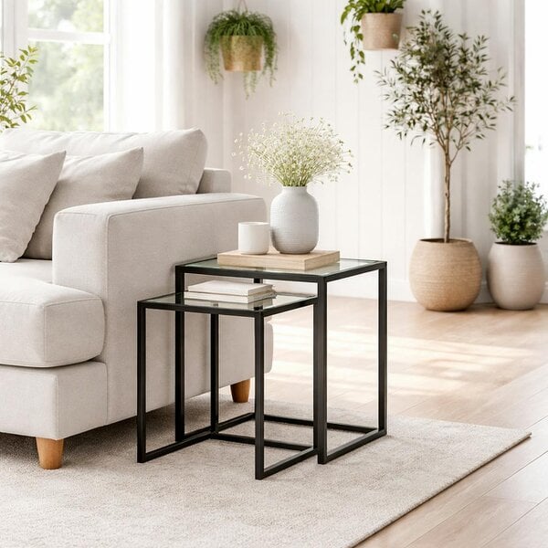 Wyld Haus Riraro Metal Black Set Of 2 Nesting Side Tables With Glass Tops