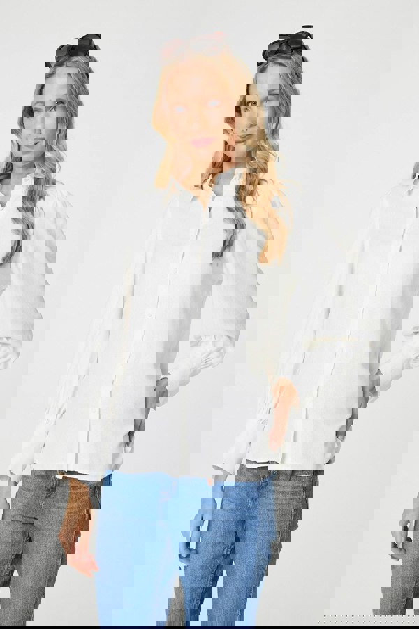 White | Plain Puff Sleeve Button-Up Shirt
