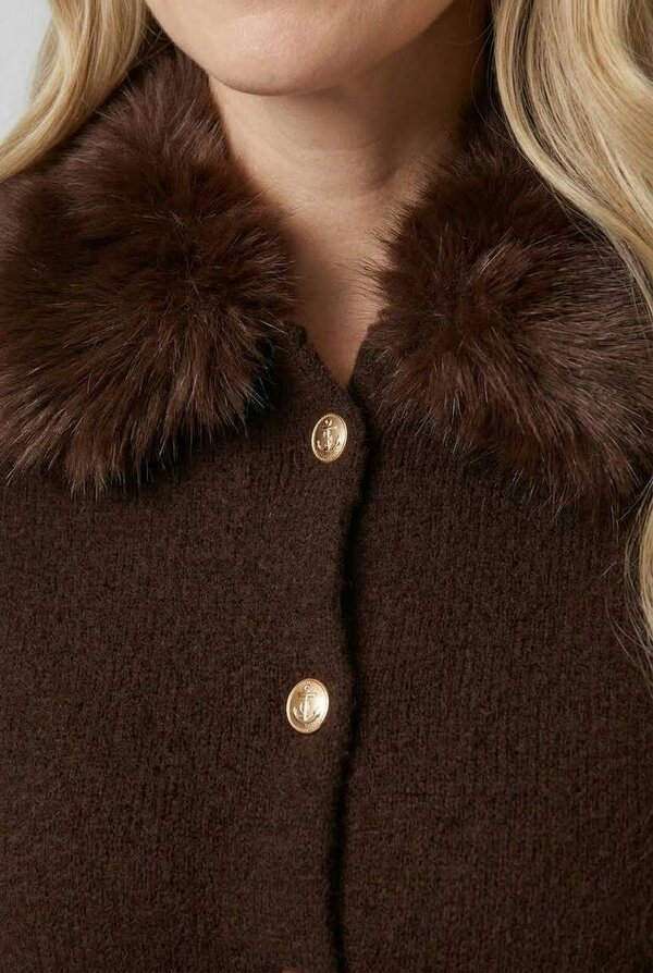 Izabel London Faux Fur Trim Collared Cardigan
