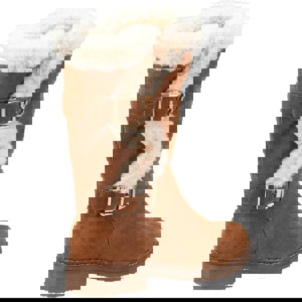 Hush Puppies Megan Womens Tall Hi Zip Up Mid Calf Boots - Wide, brown suede winter boot with faux fur trim and decorative buckles.